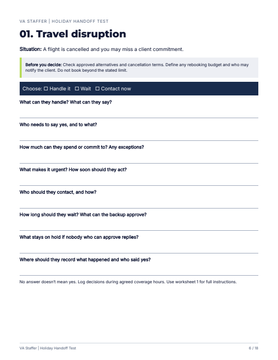 Actual travel disruption worksheet from the Holiday Handoff Test